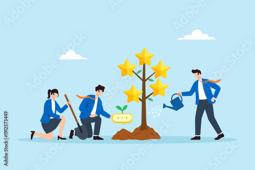 Flat illustration of business team planting feedback seed and growing five star rating tree for service improvement and customer engagement
