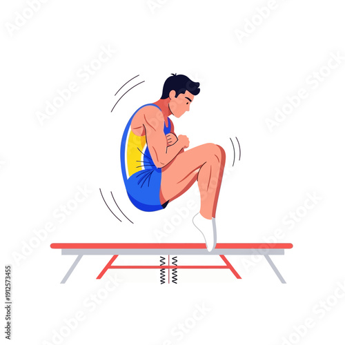 Male gymnast performing tuck jump on vaulting table, dynamic action, athletic training
