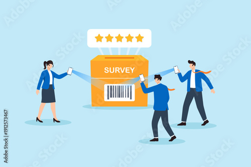 Flat illustration of business team scanning barcode on survey box to reveal five star rating for data driven feedback review