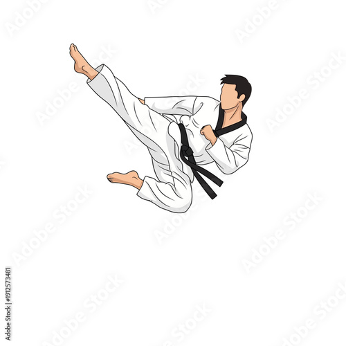 Martial Artist Performing High Kick in Mid-Air, Taekwondo Fighter in Action