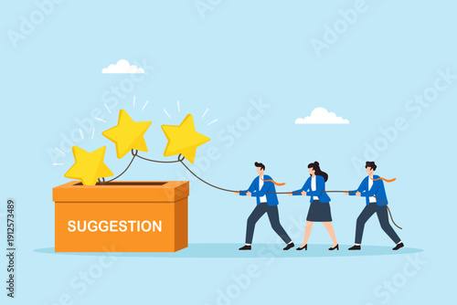 Flat illustration of business team pulling feedback star from suggestion box using rope for collaborative performance review improvement