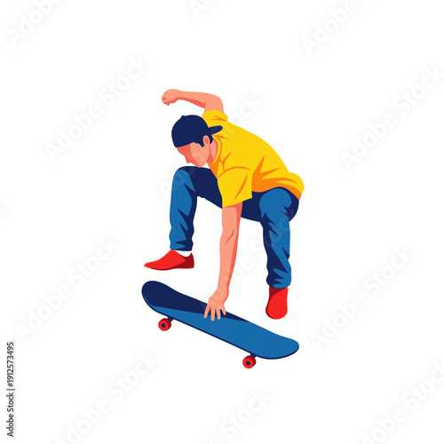 Young man performing skateboard trick, mid-air jump, extreme sports, urban lifestyle, dynamic action