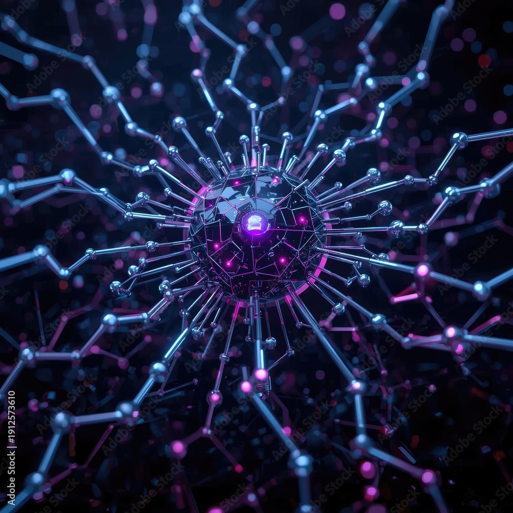 Obraz premium Glowing sphere surrounded by connected wires, intricate structure, digital art. Dark background, vibrant neon colors