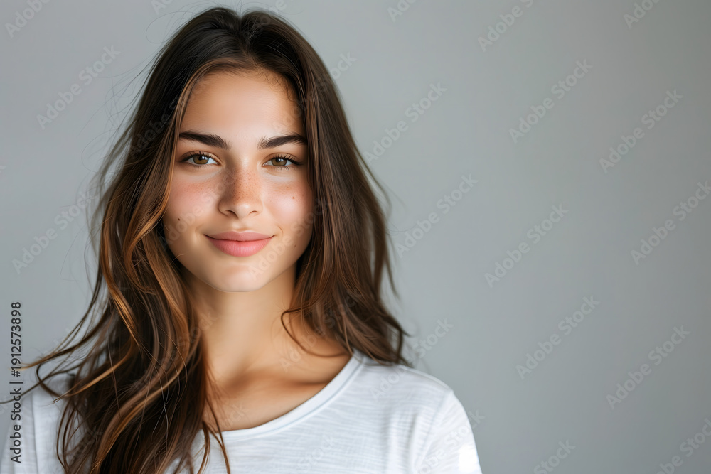 Fototapeta premium Portrait of Smiling Young Woman with Long Brown Hair