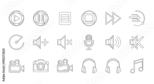 Collection of minimalist media and audio control icons in linear style silhouette