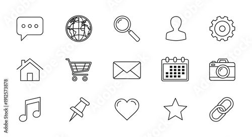 Collection of minimalist outline icons representing various digital concepts silhouette