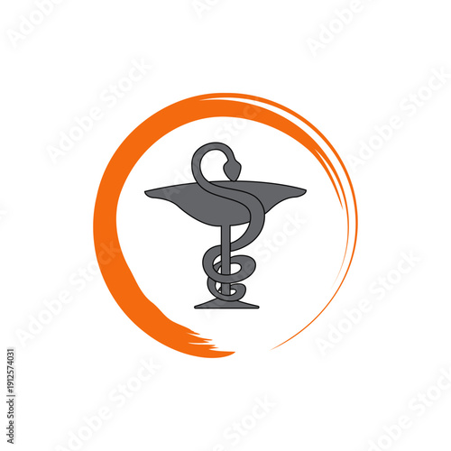 Modern medical symbol with rod of Asclepius in orange circle