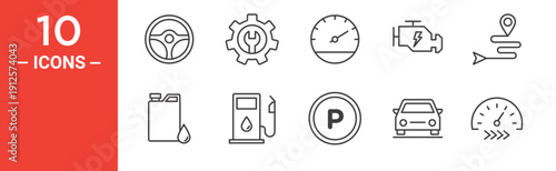 Car Service Icons Set, Steering Wheel, Engine, GPS, Maintenance and Speed Line Icons