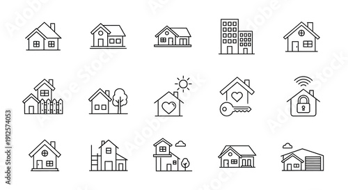Collection of simple house and home related line art icons silhouette