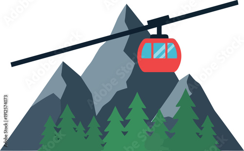 Mountain Cable Car Illustration with Pine Trees and Peaks for Travel and Adventure Concepts