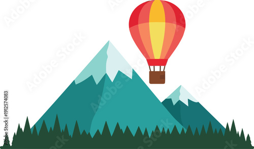 Colorful Hot Air Balloon Flying Over Mountain Landscape Vector Illustration