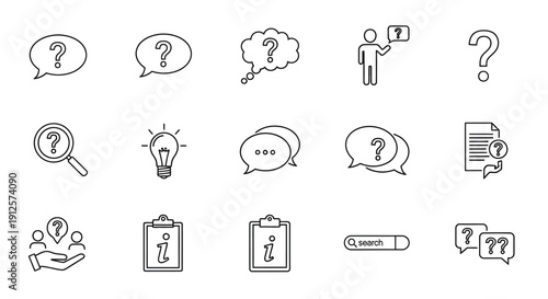 Question marks ideas and a person thinking linear silhouette