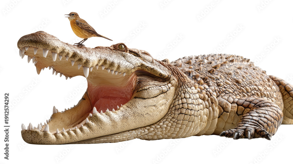 Obraz premium Crocodile and Bird Harmony: A close-up shot of a crocodile with its jaws wide open, a small bird perched atop its head, seemingly at ease.