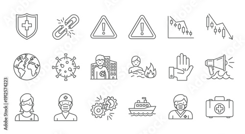 Collection of linear icons depicting health safety and global events silhouette
