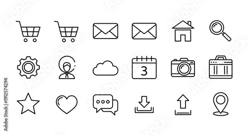 Collection of simple linear icons representing various digital concepts silhouette