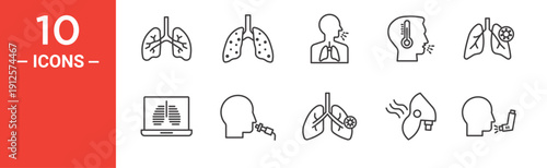 Lung Disease Icons Set, COPD, Bronchial Asthma, Inhaler, Oxygen Mask and Lung Screening Line Icons