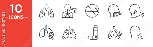 Lung Disease Icons Set, Pneumonia, Bronchoscopy, Lung Cancer, TB and Stop Smoking Line Icons