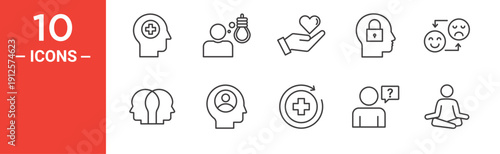 Mental Health Icons Set, Therapy, Recovery, Mindfulness, Schizophrenia and Mental Health Awareness Line Icons