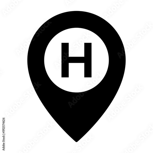 Hospital location pin icon, healthcare map marker outline isolated on transparent background.
