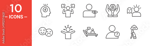 Mental Health Icons Set, Stress, Anger, Therapy, Psychosis and Panic Attacks Line Icons