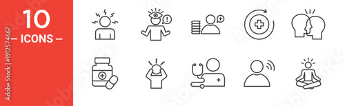 Mental Health Icons Set, Trauma, Paranoia, Recovery, Medication and Mindfulness Line Icons