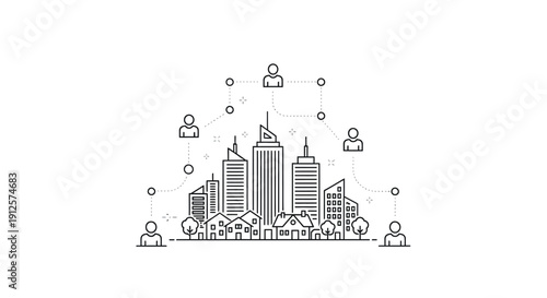 Connected city landscape with people modern linear design silhouette