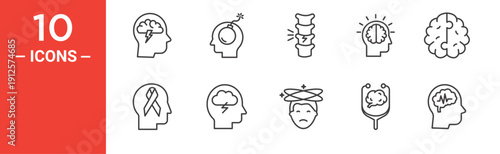 Neurology Icons Set, Brain Damage, Migraine, Stroke, Epilepsy and Memory Loss Line Icons
