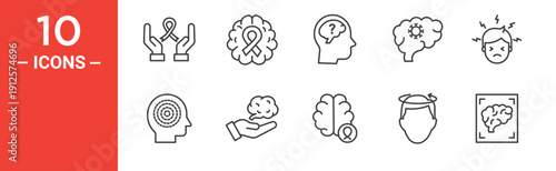 Neurology Icons Set, Alzheimer, Parkinson, Dementia, Brain MRI and Multiple Sclerosis Line Icons