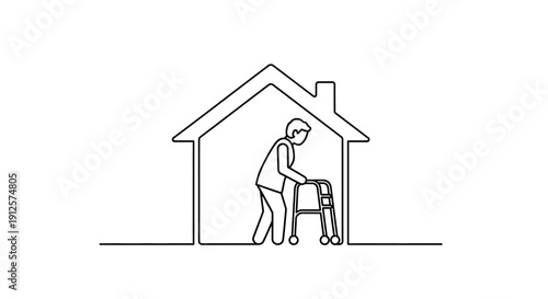 Elderly man with walker inside a house continuous line drawing silhouette
