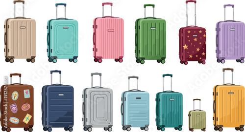 Travel Suitcase Collection with Colorful Luggage Bags and Rolling Trolley Cases Vector Set for Vacation Tourism and Travel Design
