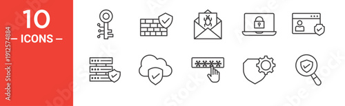 Security Icons Set, Digital Key, Data Encryption, Online Privacy, Antivirus Firewall and Verification Line Icons