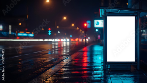 A bustling nighttime city scene colorful light. A bus stop with a digital ad screen.