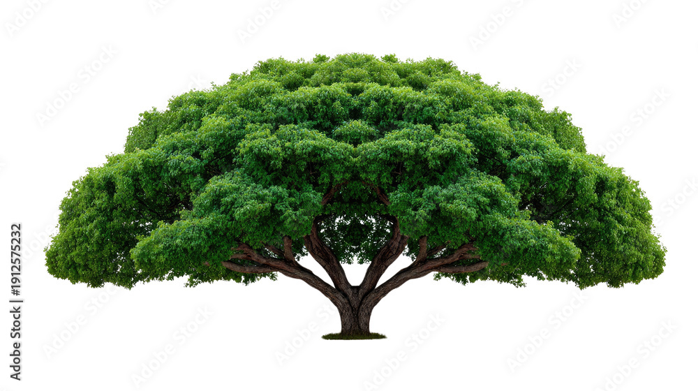 Fototapeta premium Majestic Tree: An isolated lush green tree stands proudly, its branches reaching upwards. The vibrant foliage creates a sense of serenity and embodies the essence of growth and vitality.
