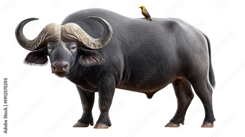 Obraz premium Majestic Cape Buffalo and Bird: A powerful Cape buffalo stands in its full glory, a small bird perched atop its back, creating a scene of nature's partnership. Captured in stunning detail.