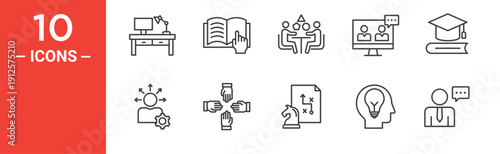 Workshop education icon set, training learning vector symbol in black filled and outlined style.