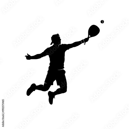 Silhouette of a man playing padel, jumping to hit the ball with a racket