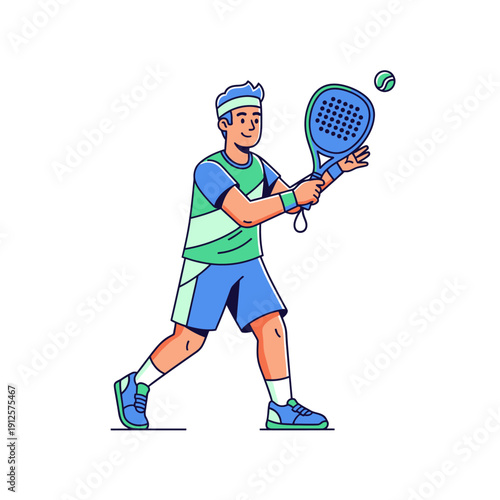 Man playing padel tennis, hitting ball with racket, active lifestyle, sports concept