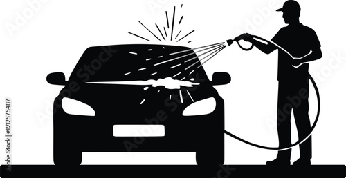 Man Washing Car with High Pressure Water Hose Silhouette Illustration