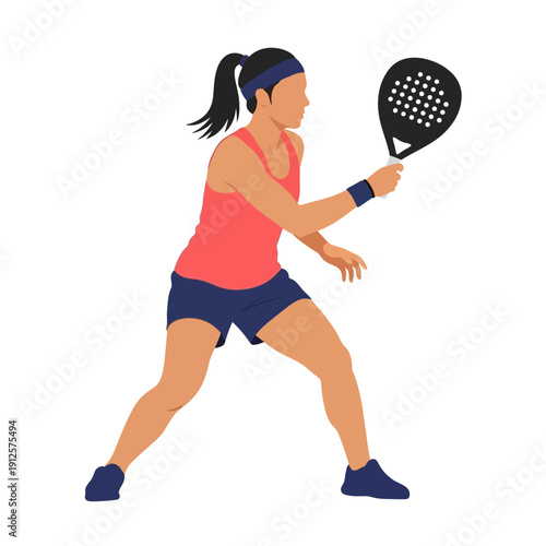 Woman playing padel tennis, holding racket, ready to hit ball, active lifestyle