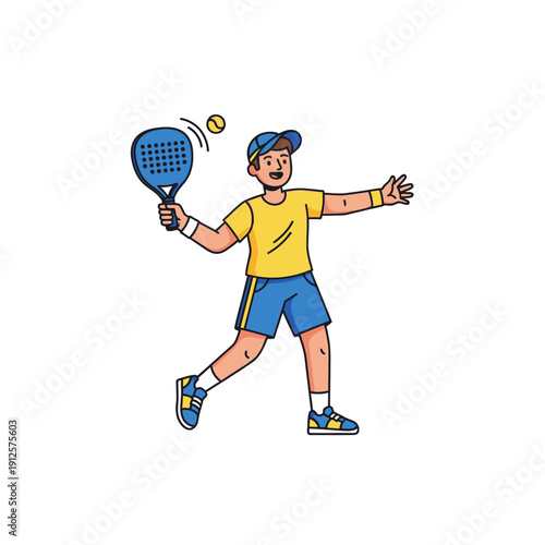 Young man playing padel tennis, hitting ball with racket, active lifestyle, sports concept