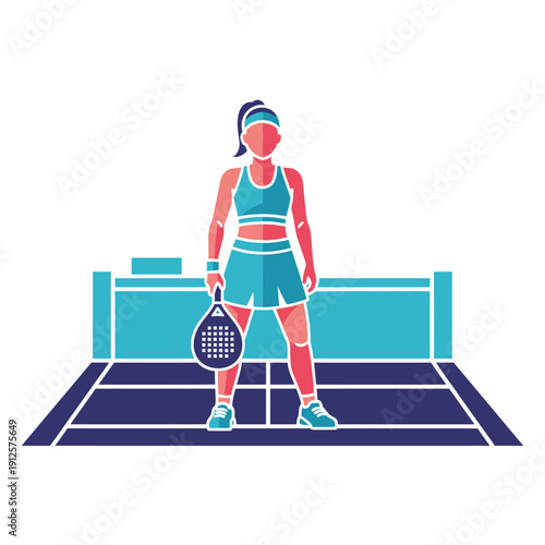 Woman Padel Player Standing on Court Holding Paddle