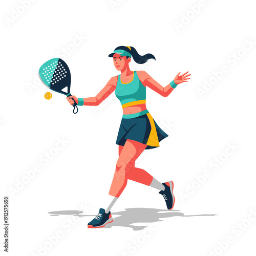 Woman playing padel tennis, hitting ball with racket, dynamic action shot, sport lifestyle