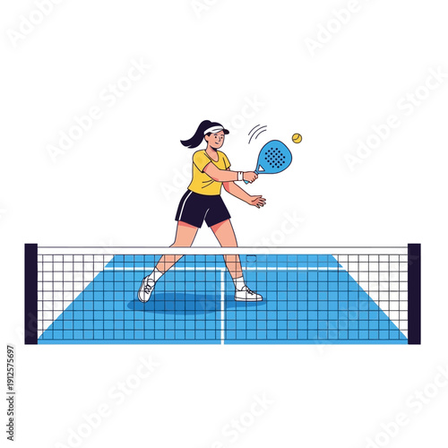 Woman playing padel tennis on a blue court, hitting the ball with a racket