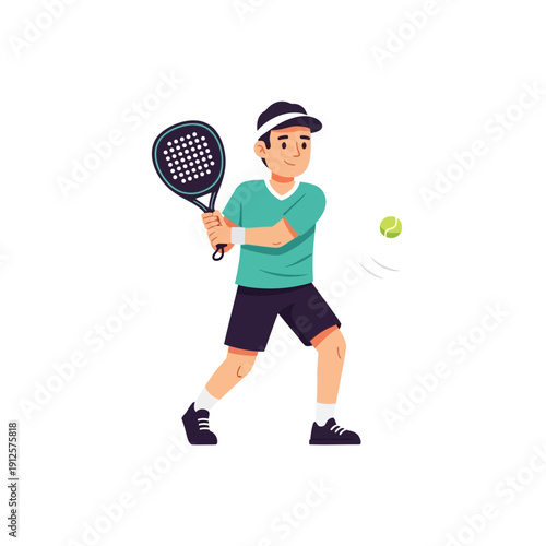 Young man playing padel tennis, hitting ball with racket on court, active lifestyle