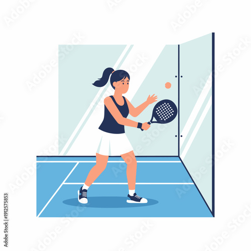 Woman playing padel tennis on a blue court hitting the ball with a racket