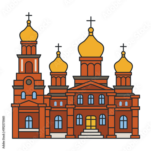 Red brick orthodox church with golden domes and symmetrical facade. Flat cartoon style with bold outline. Illustration. Object isolated on white background.