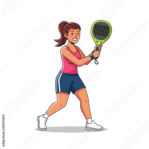 Woman playing padel tennis, holding a racket, ready to hit the ball, active lifestyle