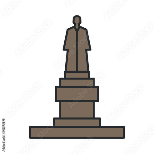 City statue monument with human figure on pedestal. Flat cartoon style with bold outline. Illustration. Object isolated on white background.