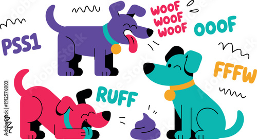 Playful flat vector illustration featuring colorful cartoon dogs with comic style onomatopoeia text including woof and ruff for pet care, veterinary, or children design projects.