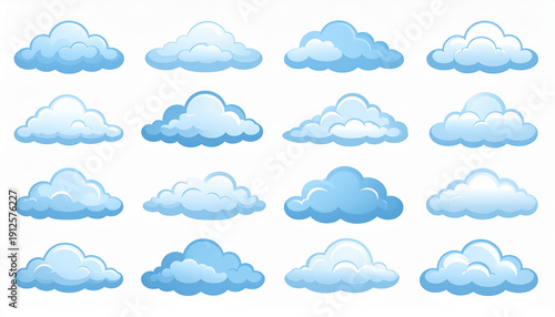 Collection of blue clouds with white highlights on a white background weather symbol